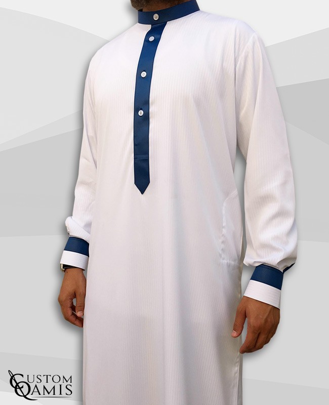 Two Tone thobe fabric Royal white with strips and navy blue Kuwaiti collar