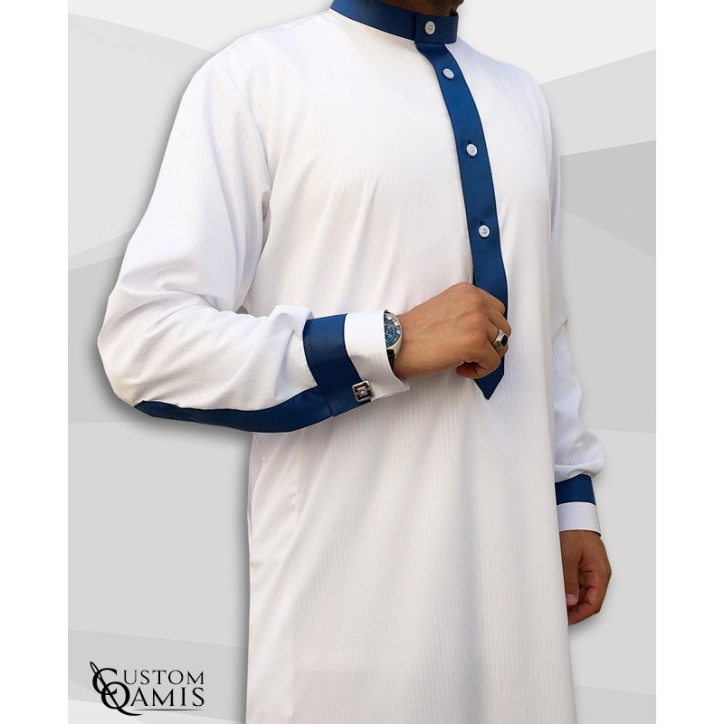 Two Tone thobe fabric Royal white with strips and navy blue Kuwaiti collar