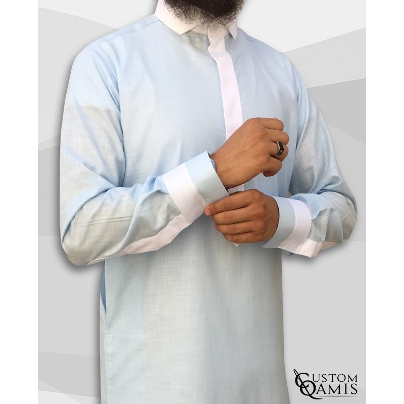 Two Tone thobe Pakistani cut fabric Linen light sky blue and cream