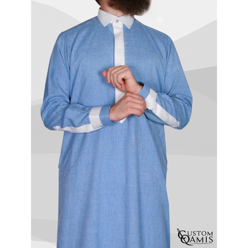 Qamis Two Tone tissu Imperial bleu ciel et blanc