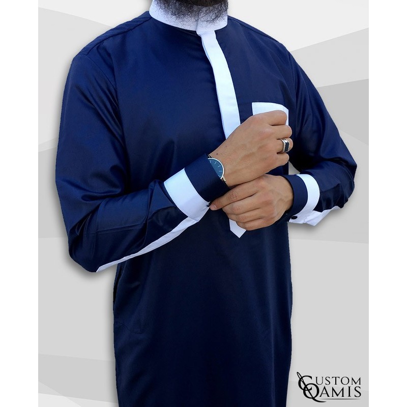 Qamis Two Tone tissu Precious bleu marine et blanc satinés col Saoudi