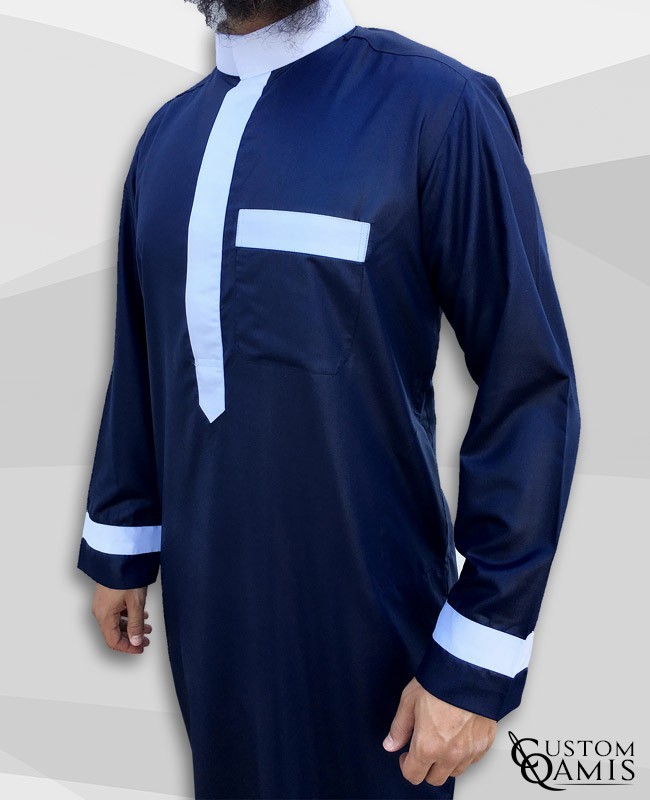 Two Tone thobe fabric Precious navy blue and white satin Saudi collar