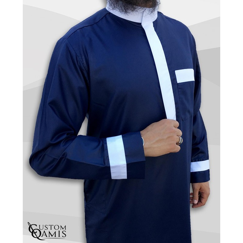Qamis Two Tone tissu Precious bleu marine et blanc satinés col Saoudi