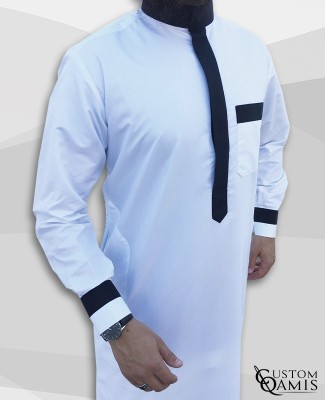 Two Tone thobe fabric Precious white and black satin Saudi collar with cuffs