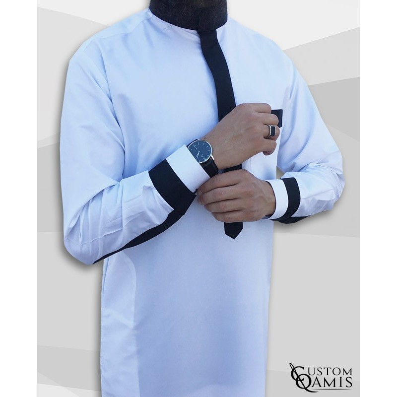 Qamis Two Tone tissu Precious blanc et noir satinés col Saoudi avec manchettes