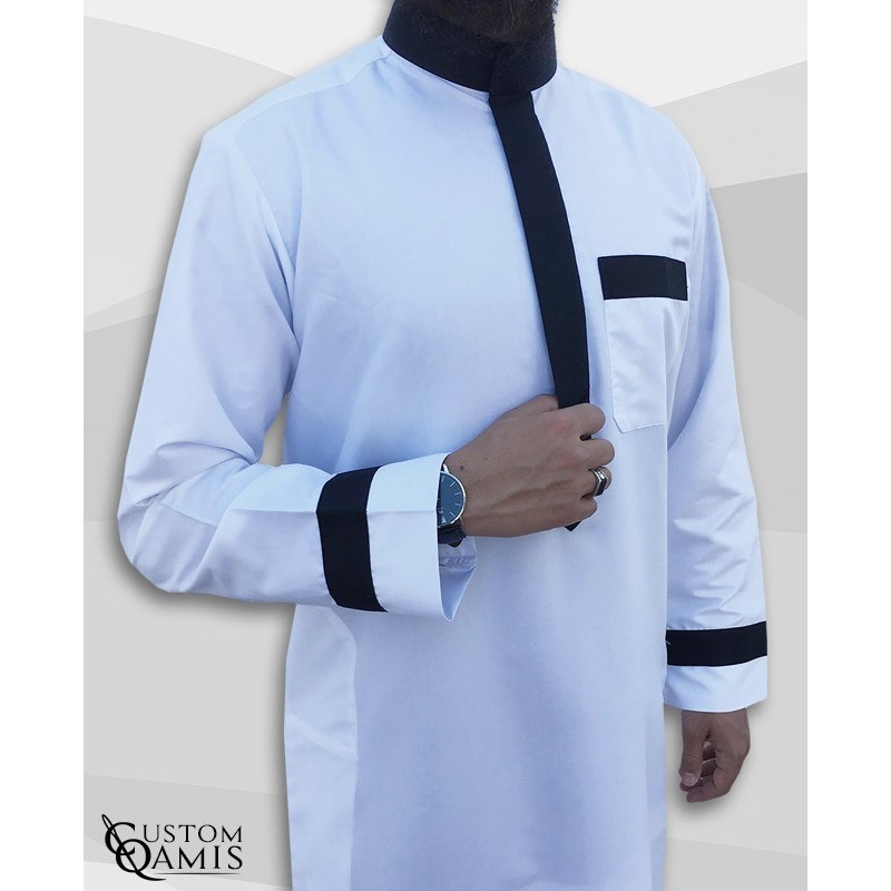 Qamis Two Tone tissu Precious blanc et noir satinés col Saoudi