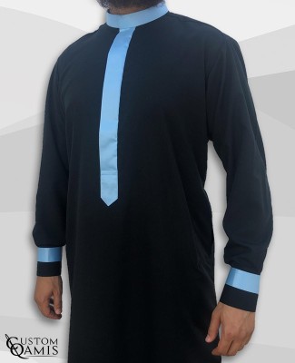 Two Tone thobe fabric Platinium black and sky blue Kuwaiti collar with cuffs