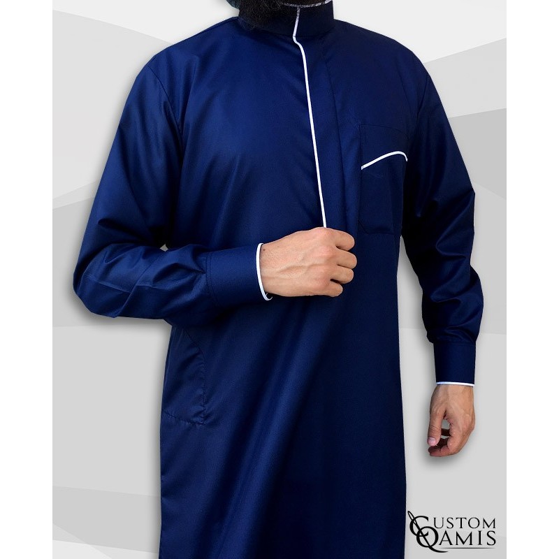 Qamis Edge tissu Platinium bleu marine et blanc