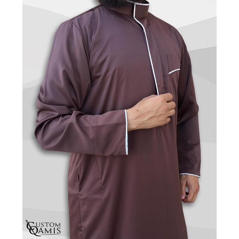 Qamis Edge tissu Precious marron chocolat et blanc mat