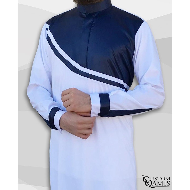 Qamis Wave tissu Precious blanc et bleu marine satinés