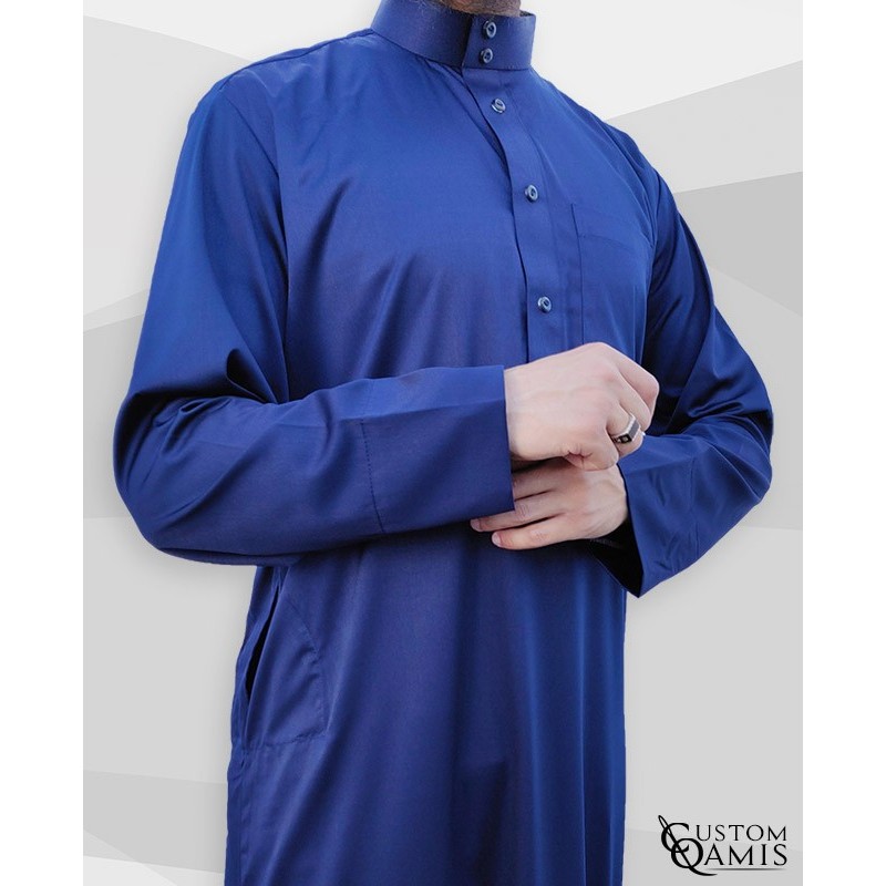 Classic Saudi Thobe navy blue satin Precious Fabric