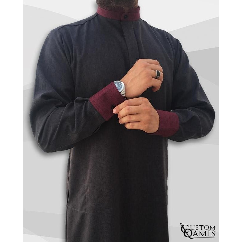 Qamis Elegance tissu Imperial gris anthracite et bordeaux