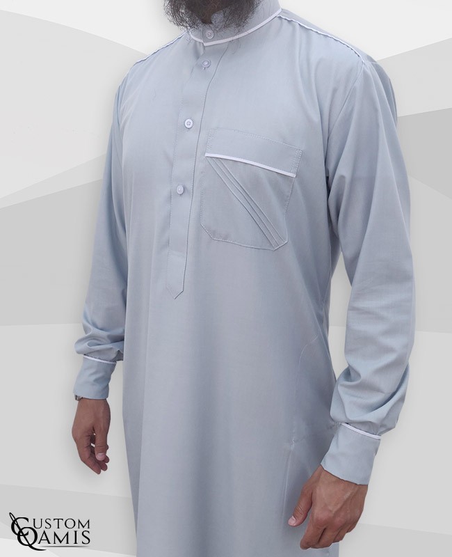 Qamis Trim tissu Cotton gris clair et blanc
