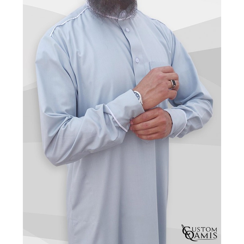 Qamis Trim tissu Cotton gris clair et blanc
