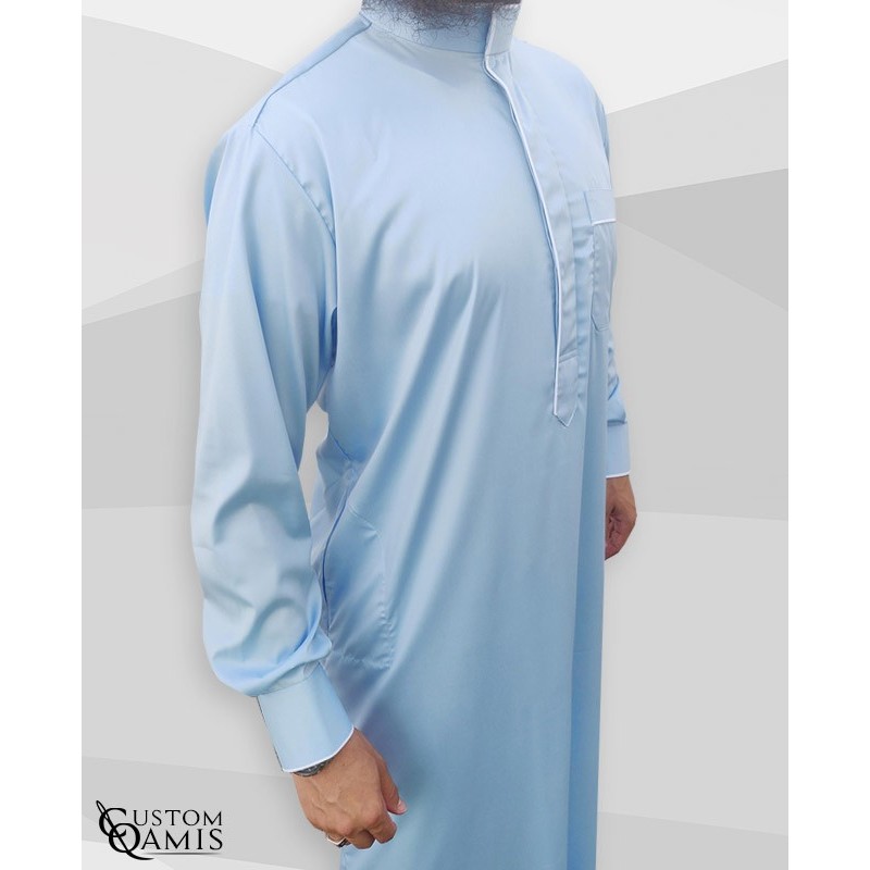 Qamis Edge tissu Precious bleu ciel  et blanc