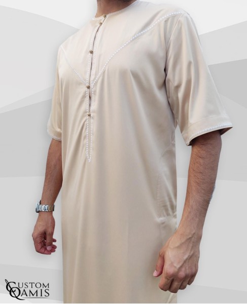 Emirati Thobe fabric Cotton light Beige Short sleeves with white embroidery 