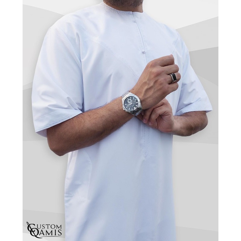 Emirati Thobe fabric Platinium white Short sleeves with embroidery 