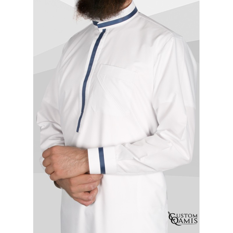Trend thobe fabric Platinium white and navy blue strips Mao Collar with cuffs