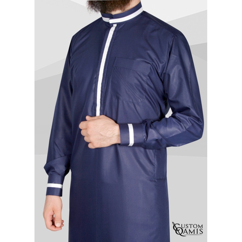 Trend thobe fabric Platinium Navy blue and white strips Mao Collar with cuffs
