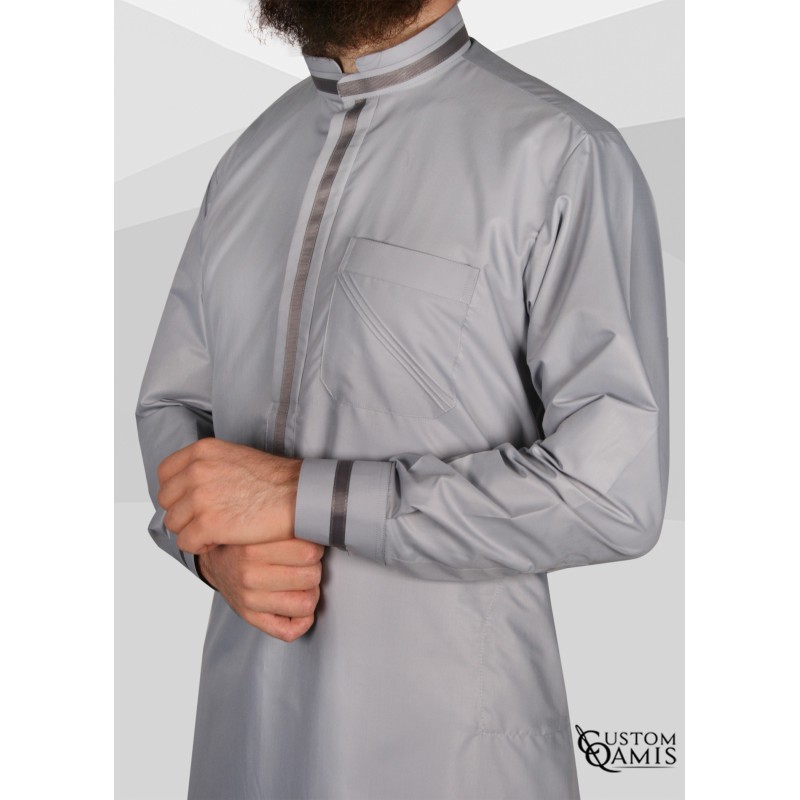 Trend thobe fabric Platinium Light grey and Dark grey strips Mao Collar with cuffs