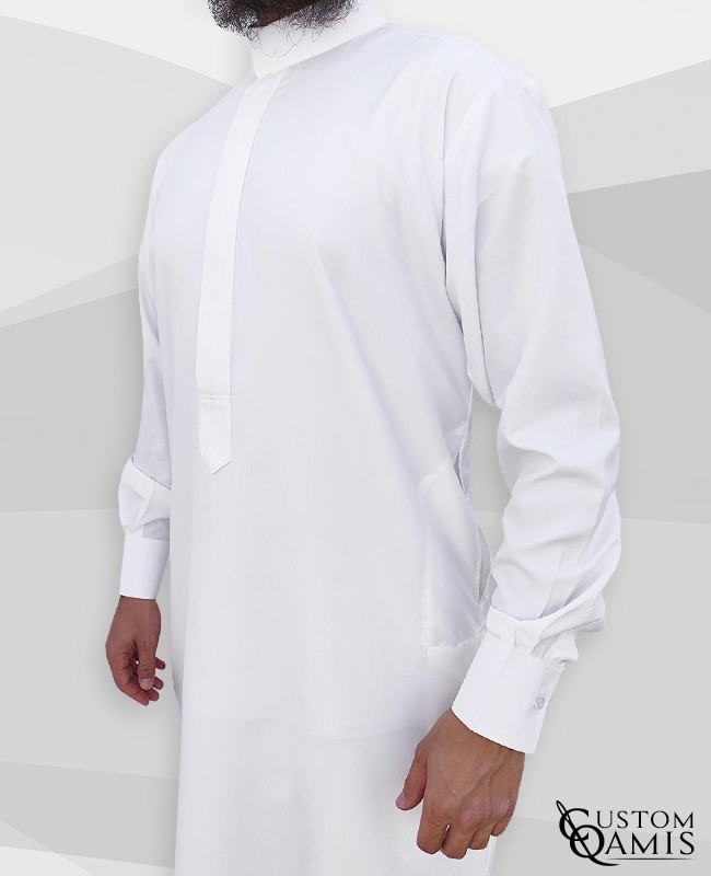 Qamis Classic Saoudi blanc Tissu Sping avec manchettes