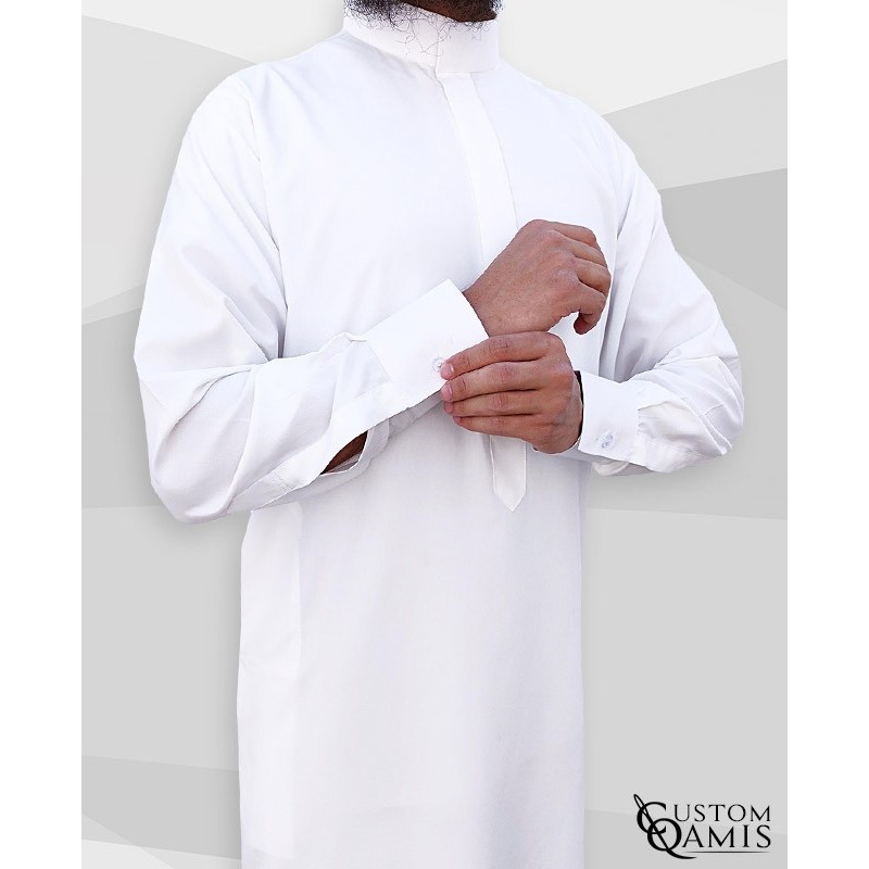 Qamis Classic Saoudi blanc Tissu Sping avec manchettes