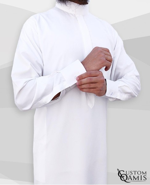 Qamis Classic Saoudi blanc Tissu Sping avec manchettes