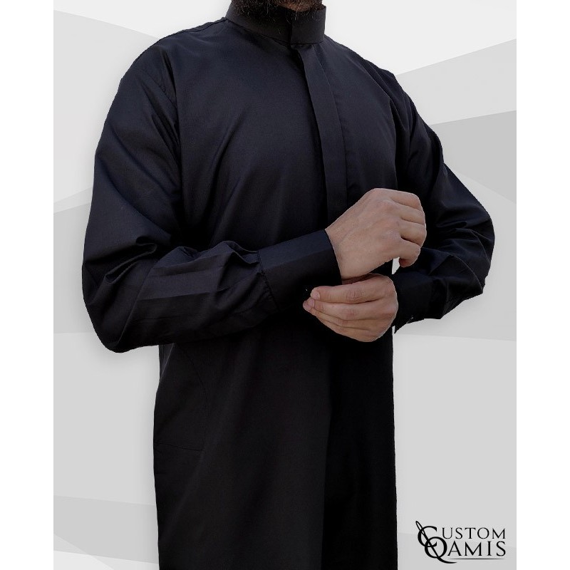 Qamis Classic Saoudi noir Tissu Sping avec manchettes