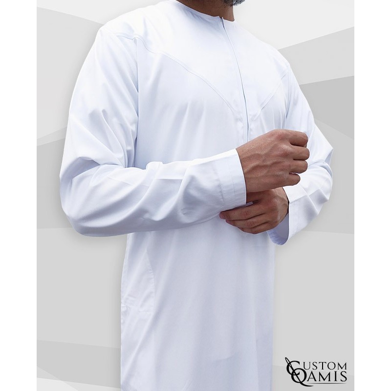 Qamis Emirati à zip tissu Precious blanc satiné