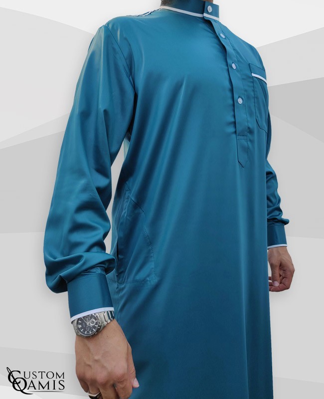 Trim thobe fabric Precious Bluish green and white satin Kuwaiti collar