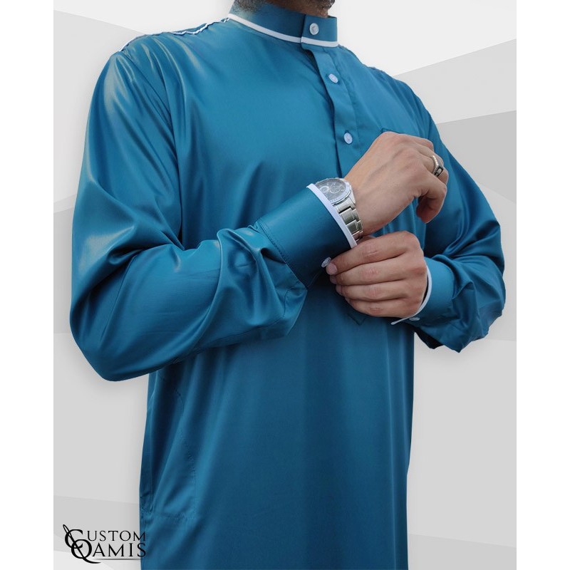 Trim thobe fabric Precious Bluish green and white satin Kuwaiti collar