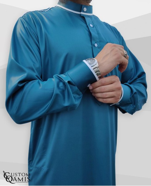 Trim thobe fabric Precious Bluish green and white satin Kuwaiti collar