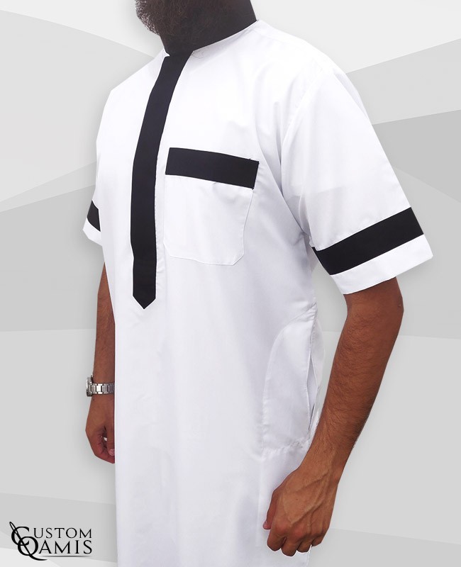 Two Tone thobe fabric Platinium white and black Saudi collar Short sleeves