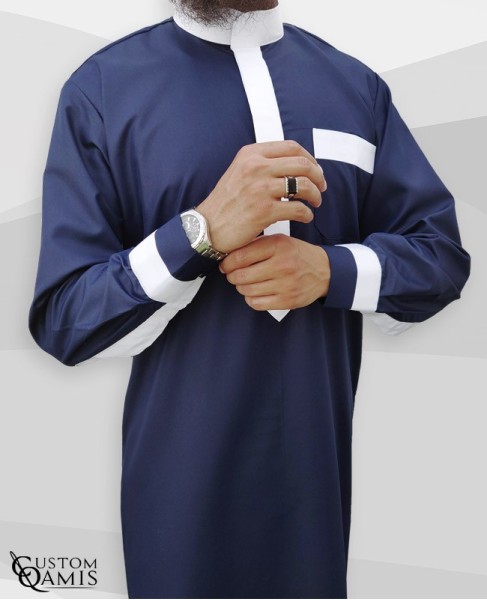 Two Tone thobe fabric Platinium navy blue and white Saudi collar with cuffs