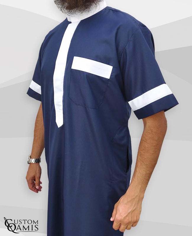 Two Tone thobe fabric Platinium navy blue and white Saudi collar Short sleeves