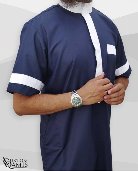 Two Tone thobe fabric Platinium navy blue and white Saudi collar Short sleeves