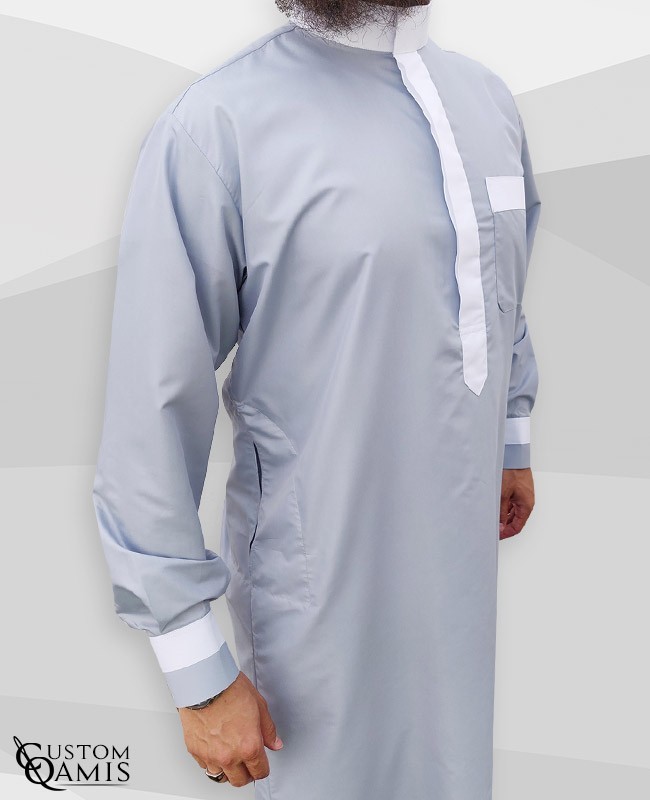 Two Tone thobe fabric Platinium light grey and white Saudi collar with cuffs