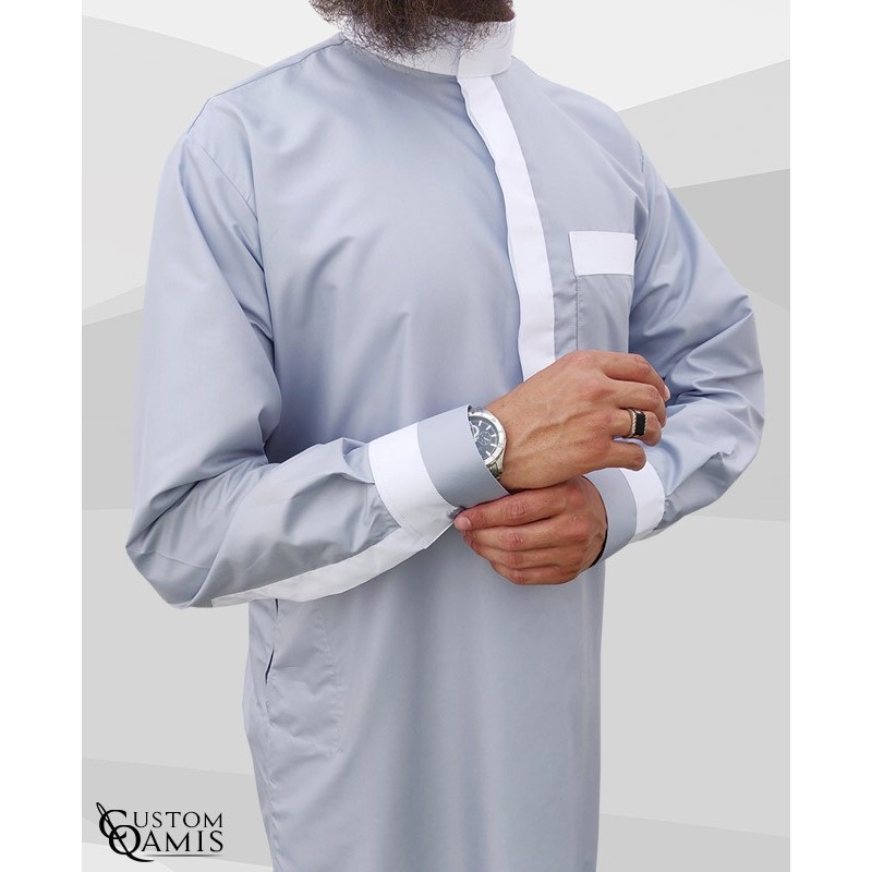 Two Tone thobe fabric Platinium light grey and white Saudi collar with cuffs