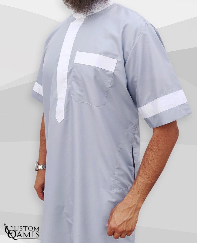 Two Tone thobe fabric Platinium light grey and white Saudi collar Short sleeves