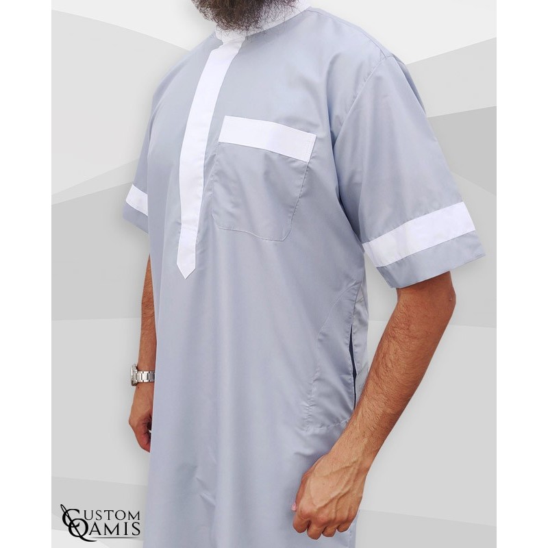 Two Tone thobe fabric Platinium light grey and white Saudi collar Short sleeves