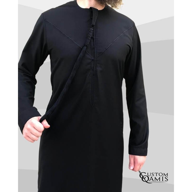 Qamis Emirati tissu Cashmere Wool Noir avec tarboucha détachable