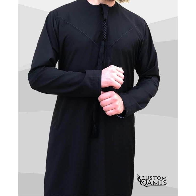 Qamis Emirati tissu Cashmere Wool Noir avec tarboucha détachable