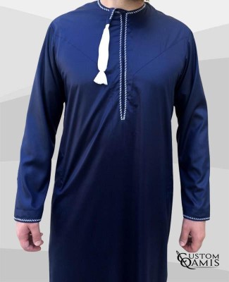 Omani thobe fabric Precious navy blue matt and white embroidery
