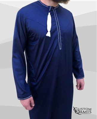 Omani thobe fabric Precious navy blue matt and white embroidery