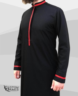 Qamis Trend tissu Cashmere Wool noir et bandes rouges