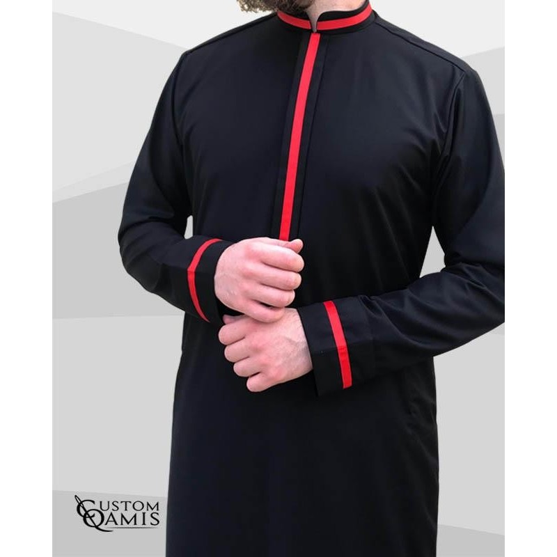 Qamis Trend tissu Cashmere Wool noir et bandes rouges