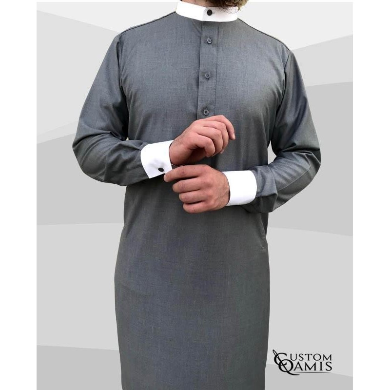 Qamis Elegance tissu Cashmere Wool Gris clair et blanc