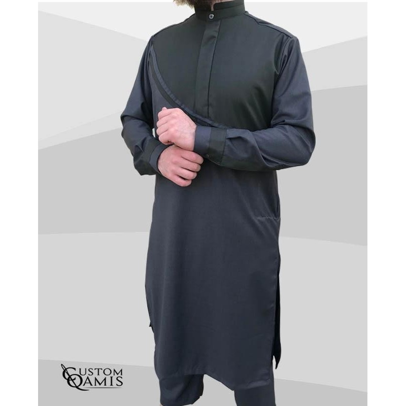Ensemble Pakistannais Tissu Cashmere Wool Gris foncé avec serwel coupe qandrissi