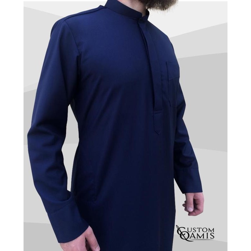 Classic Thobe Cashmere Wool light navy blue fabric with entwined collar