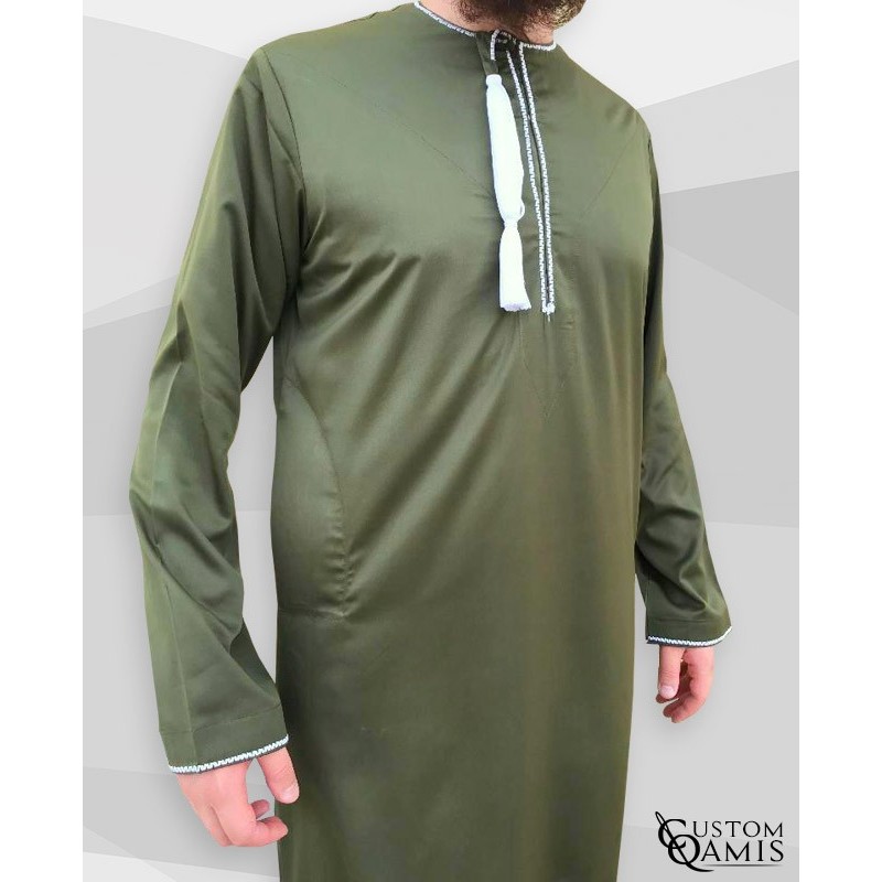 Omani thobe fabric Precious Khaki matt and white embroidery